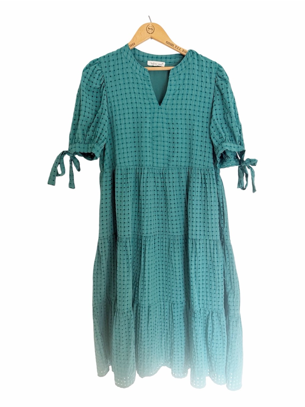 indigo soul Turquoise Flowy Tiered Midi Dress Puffed Sleeves Pockets Large